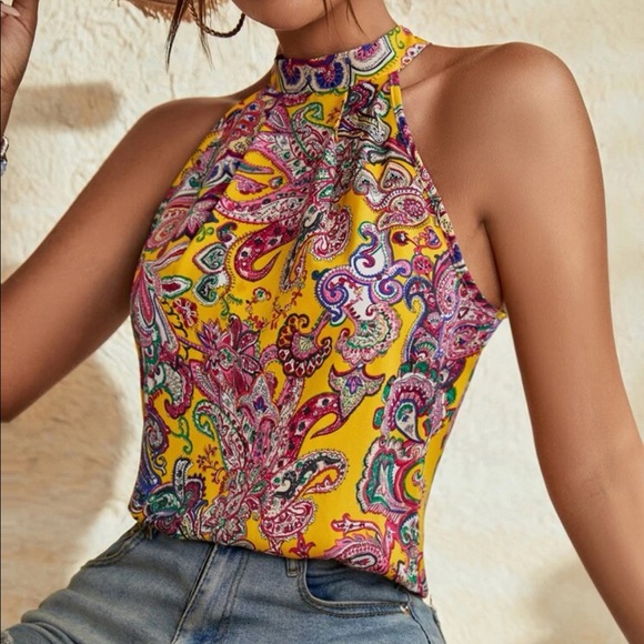 Couture Gypsy Tops - Bohemian Yellow Paisley Floral Print Casual Summer Tank Top S M L XL